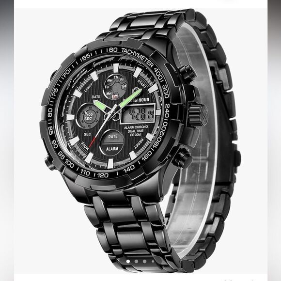 GOLDEN HOUR Stainless Steel AnalogDigital Outdoor Sport WaterproofBig Heavy Nwt - Picture 2 of 11